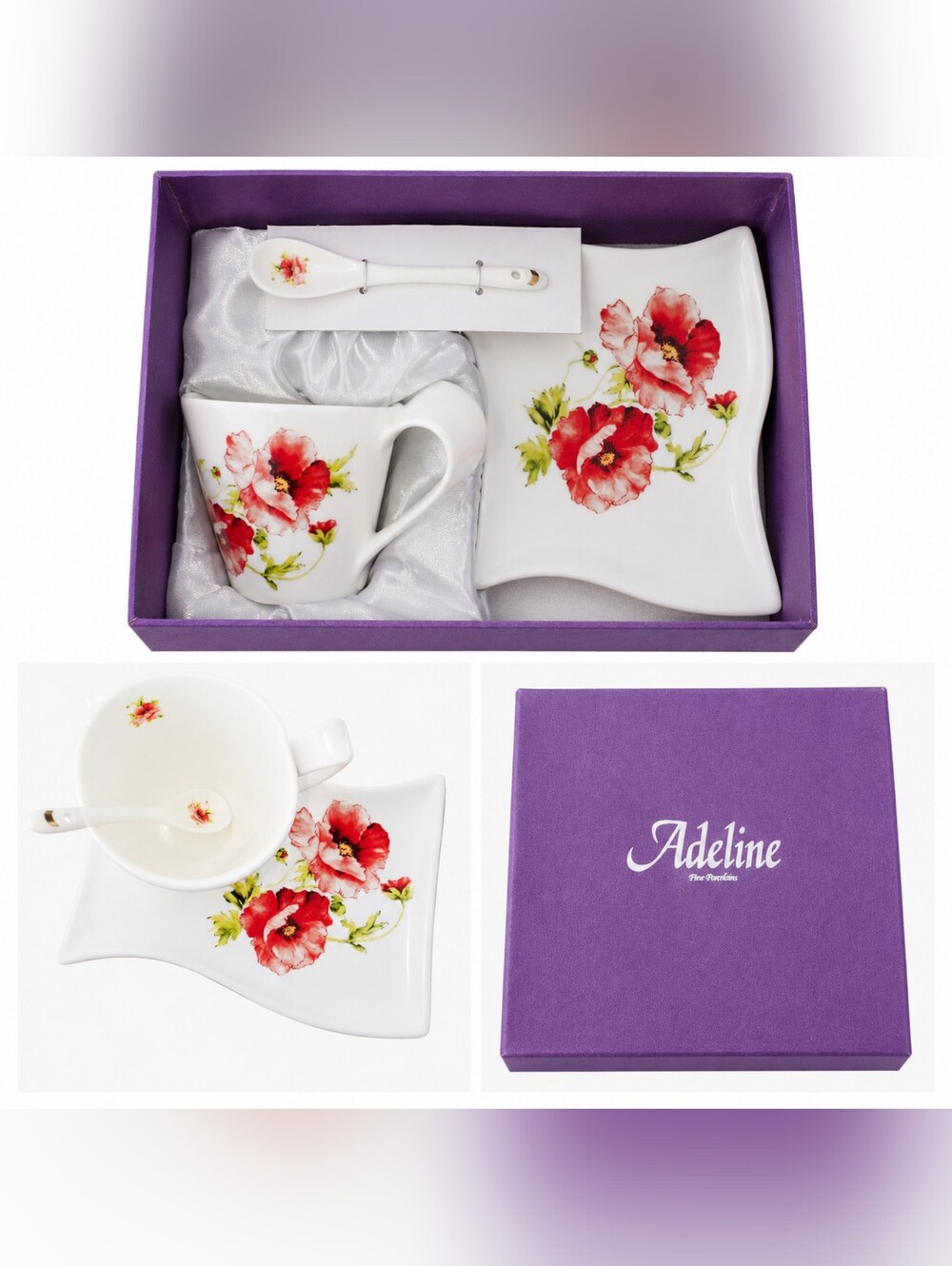 Adeline Floral Porcelain Tea Cup, Saucer & Spoon Set - Red Floral